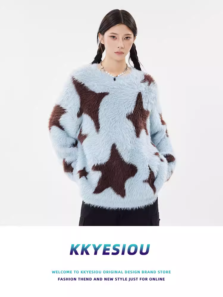 Áo len dệt kim hình sao mohair kiểu dáng cổ điển Mỹ, thương hiệu KKyesiou, unisex, dáng rộng, mặc thường ngày, dành cho cặp đôi