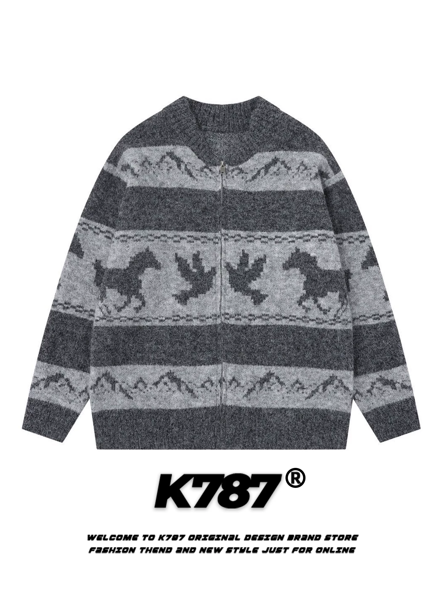Áo len cardigan dệt jacquard họa tiết động vật cổ điển Mỹ K787 dành cho nam và nữ, kiểu dáng rộng rãi, thoải mái, phong cách năng động, phối màu, đồ đôi.