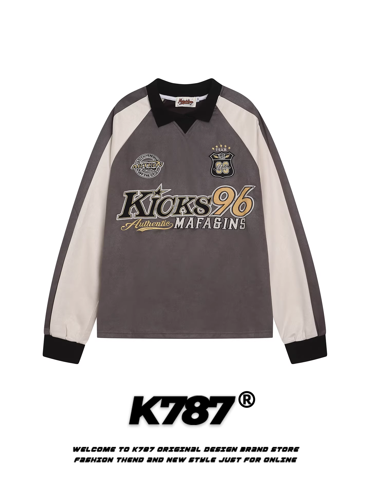 Áo thun nỉ cổ tròn phối màu thêu chữ kiểu Mỹ cổ điển K787, unisex, dáng rộng, phong cách hip-hop, thời trang, áo cặp đôi, kiểu POLO