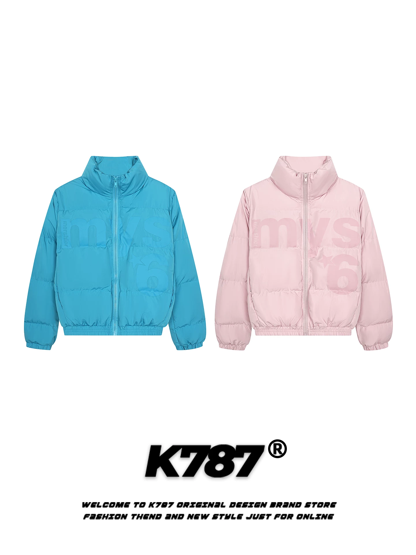 Áo khoác có cổ đứng màu hồng in chữ cổ điển kiểu Mỹ K787 dành cho nữ, áo khoác cotton dành cho cặp đôi, giảm tuổi tác, chần bông, ấm áp.
