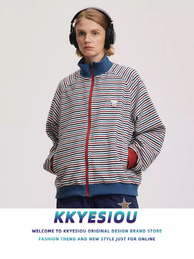 Áo khoác sọc kiểu đại học cổ điển kiểu Mỹ KKyesiou dành cho nam và nữ, áo khoác phong cách cặp đôi hợp thời trang và đa năng