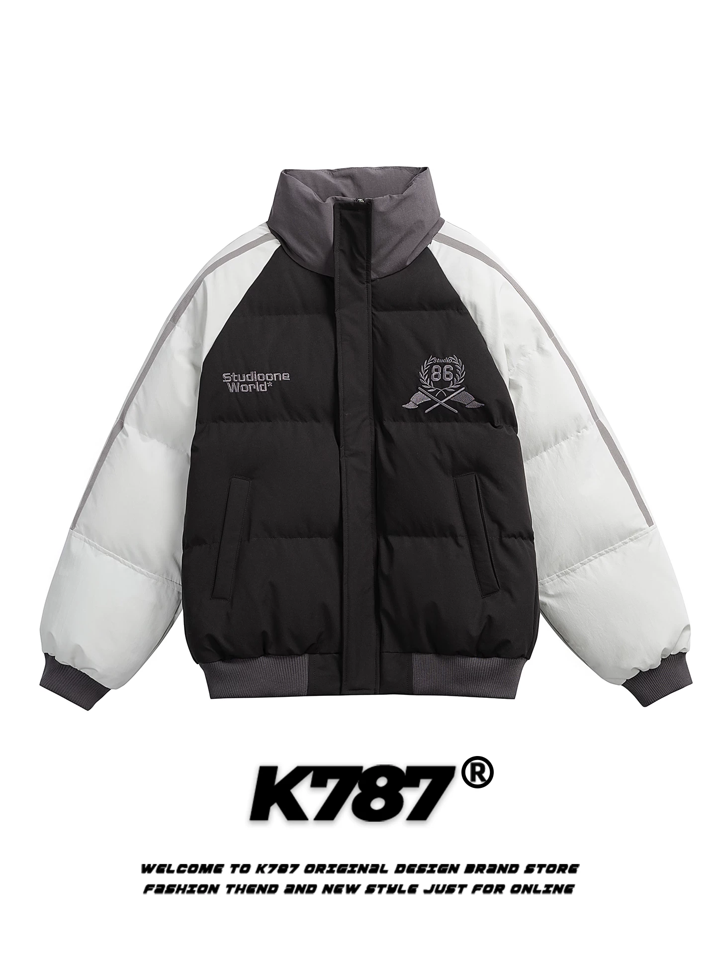 Áo khoác cotton cổ đứng phối màu thêu kỹ thuật số kiểu Mỹ cổ điển K787, unisex, phong cách năng động, ấm áp, dày dặn, mùa đông