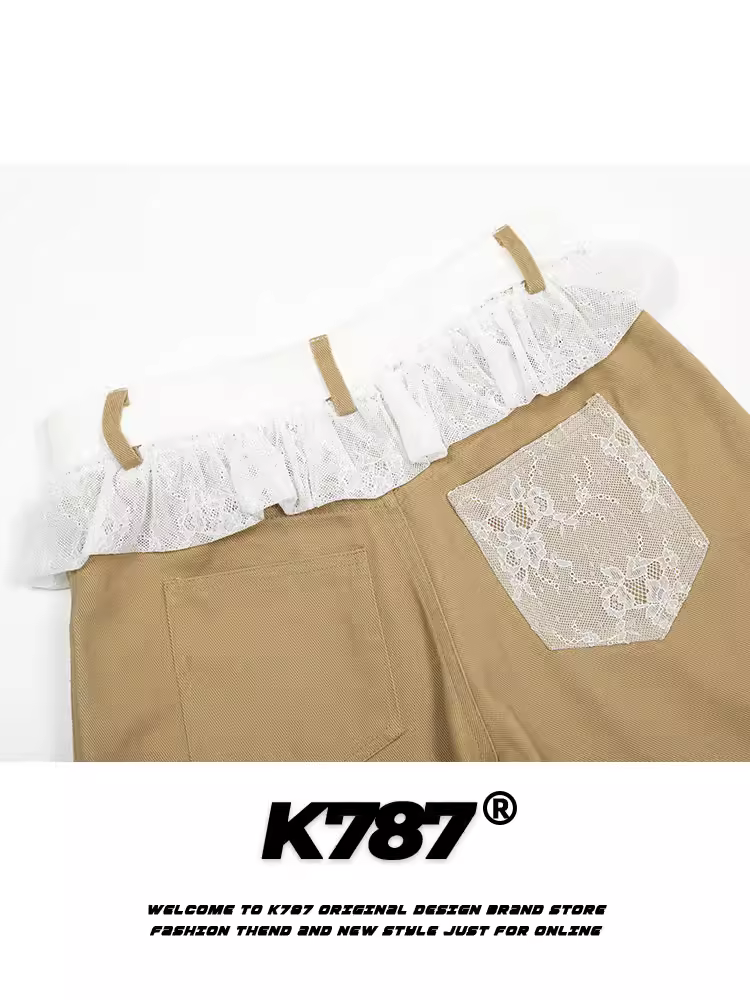 Quần cargo unisex phong cách retro Mỹ, phối ren, kiểu dáng lười, màu trơn, đa năng, chất liệu kaki, dáng thẳng.