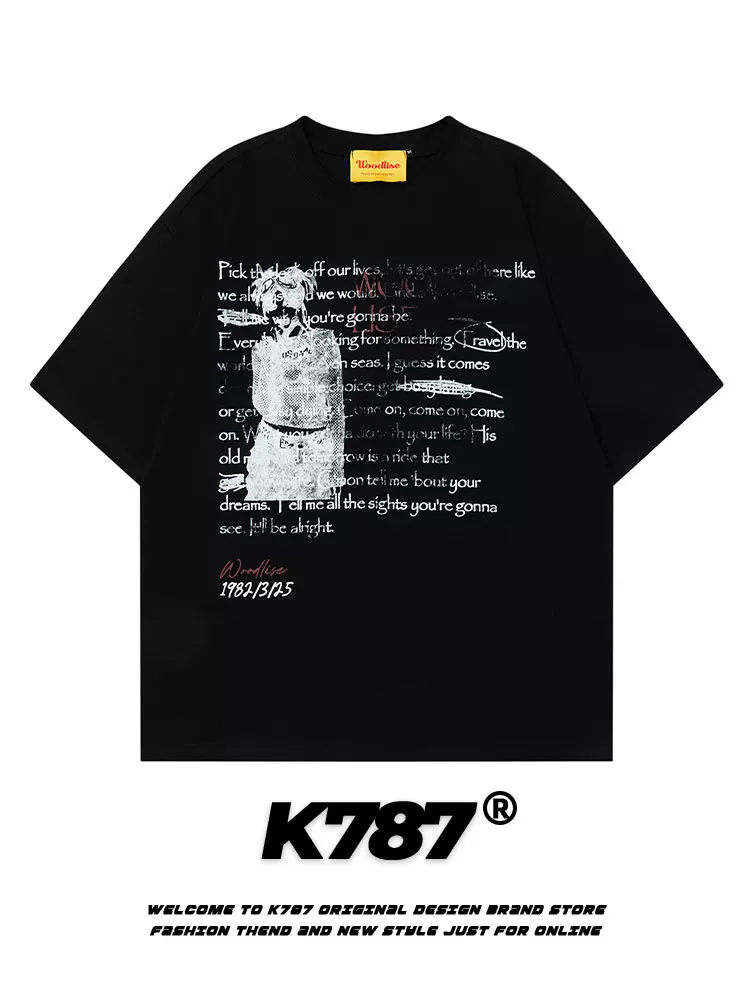 K787 Áo thun ngắn tay in hình đầu chó vui nhộn theo phong cách retro của Mỹ dành cho nam và nữ hip-hop cổ điển cotton nguyên chất áo đôi