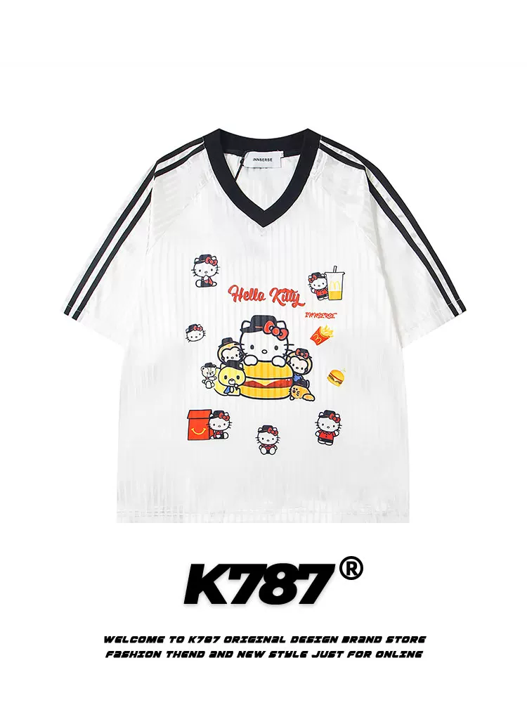 K787 Áo thun ngắn tay phong cách đường phố Mỹ kitty cat phong cách lười biếng dành cho nam và nữ blokecore sọc thể thao y2k jersey