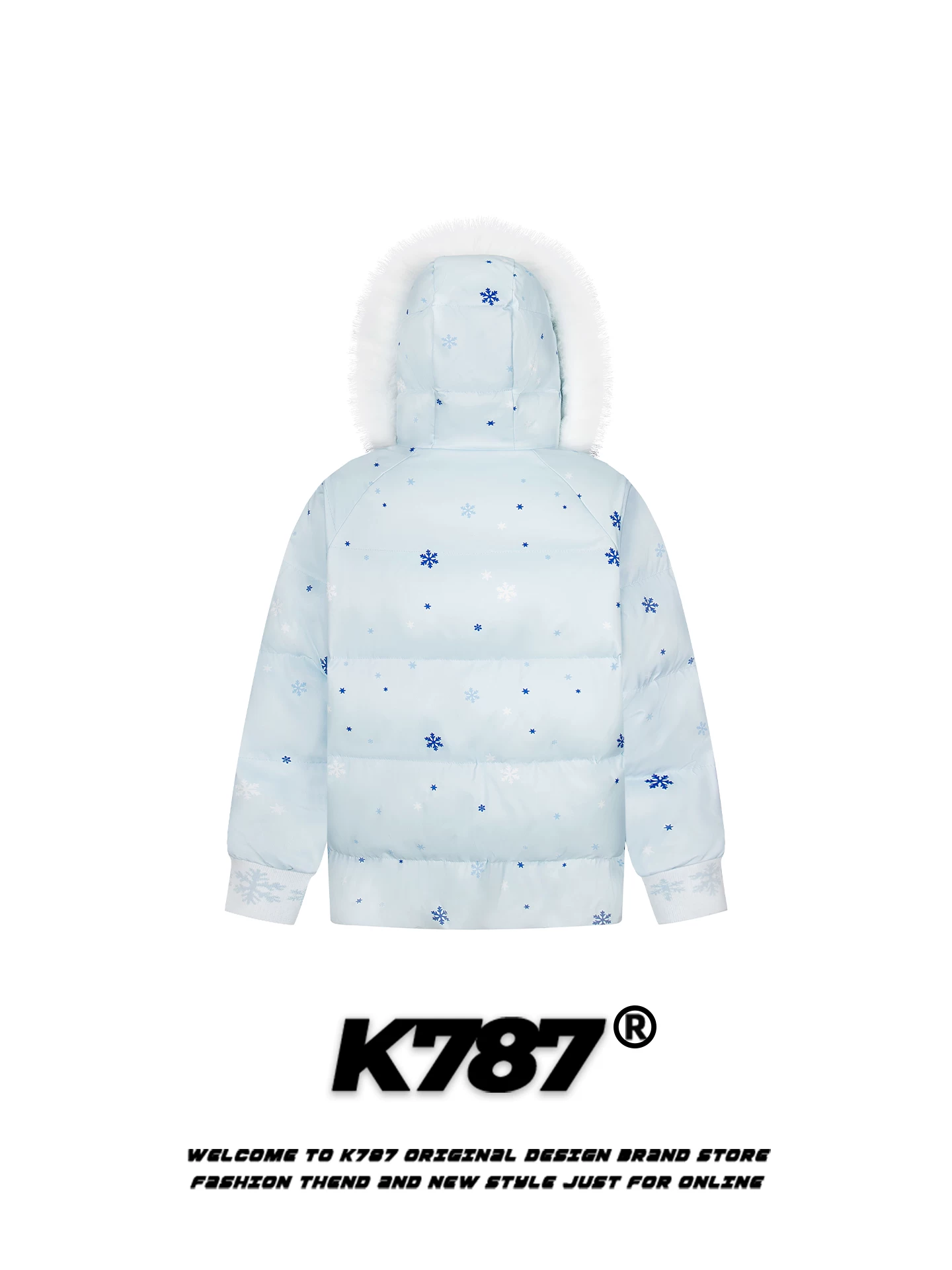 Áo khoác cotton dày giữ ấm mùa đông kiểu Mỹ K787, in họa tiết bông tuyết toàn thân, có mũ trùm đầu và cổ lông, kiểu dáng người tuyết.