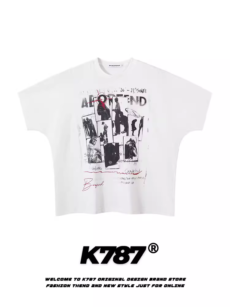 Áo thun ngắn tay dáng rộng phong cách hip-hop cổ điển Mỹ K787 dành cho nam và nữ, đa năng với họa tiết in chân dung, tay lửng cho mùa hè.