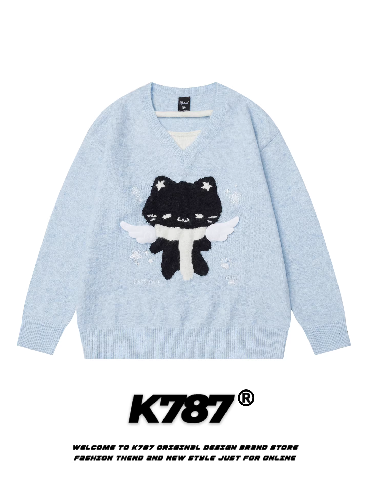 K787 Áo len dệt kim cổ chữ V hình mèo hoạt hình giản dị kiểu Mỹ dành cho nam và nữ, áo len màu xanh ngọt ngào phong cách lười biếng giản dị