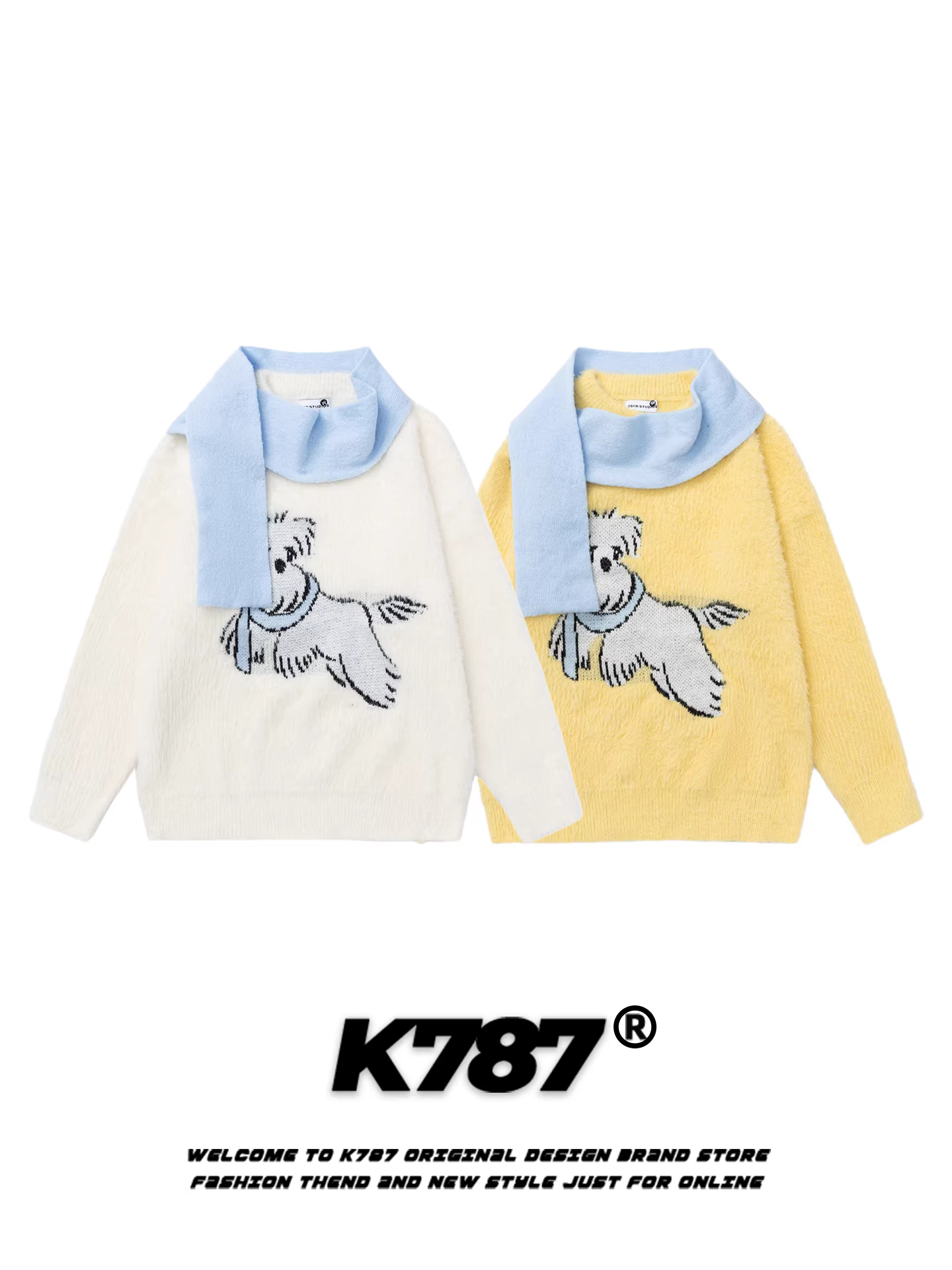 Áo len cổ tròn kiểu dáng retro Mỹ K787 dành cho nam và nữ, họa tiết chó dễ thương, kiểu dáng rộng rãi, áo len cặp đôi