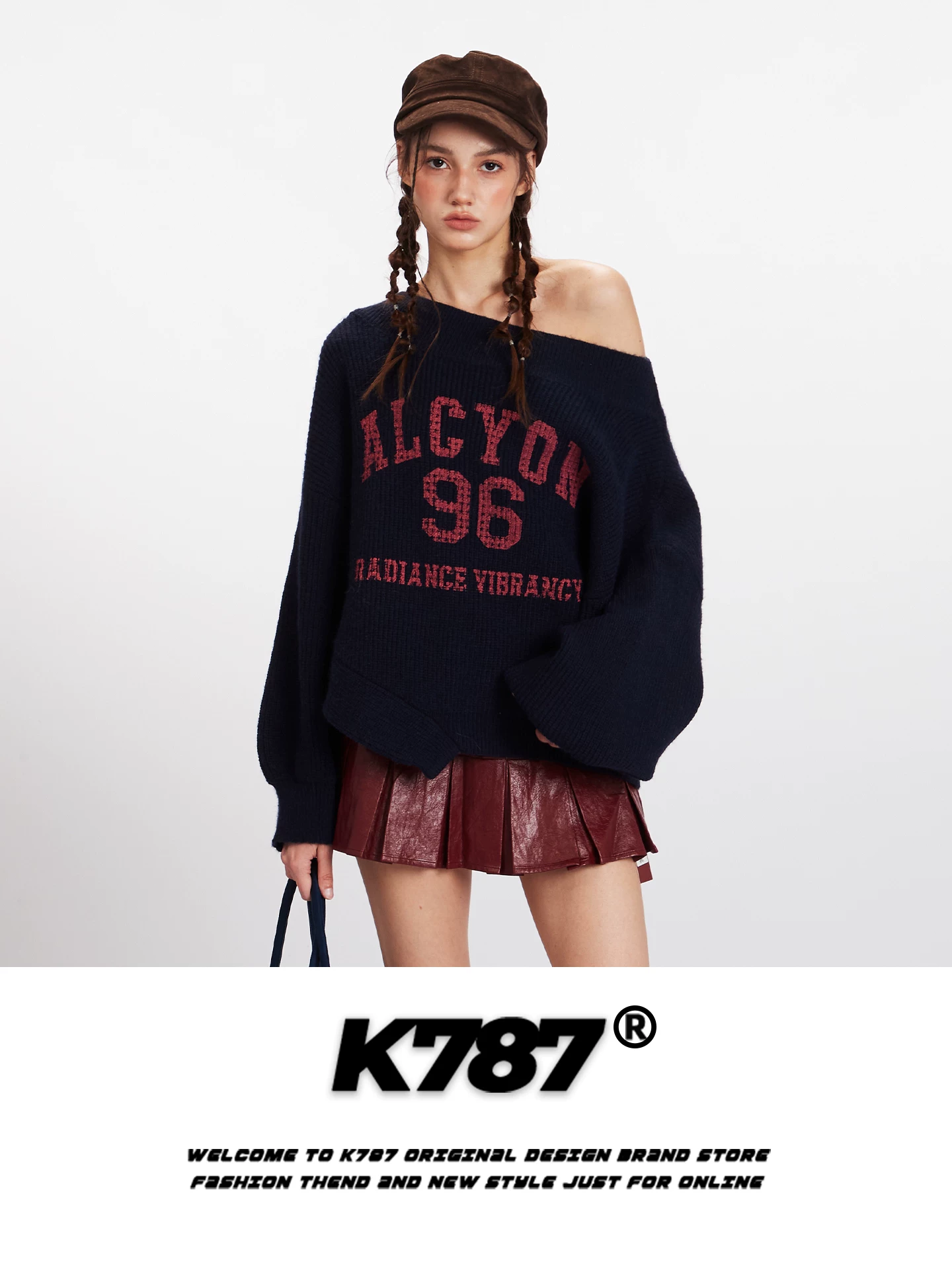Áo len nữ kiểu Mỹ K787, họa tiết jacquard, dáng lệch vai, thiết kế bất đối xứng, chất liệu len dệt kim ngắn, kiểu dáng rộng rãi, thoải mái, phong cách lười biếng.