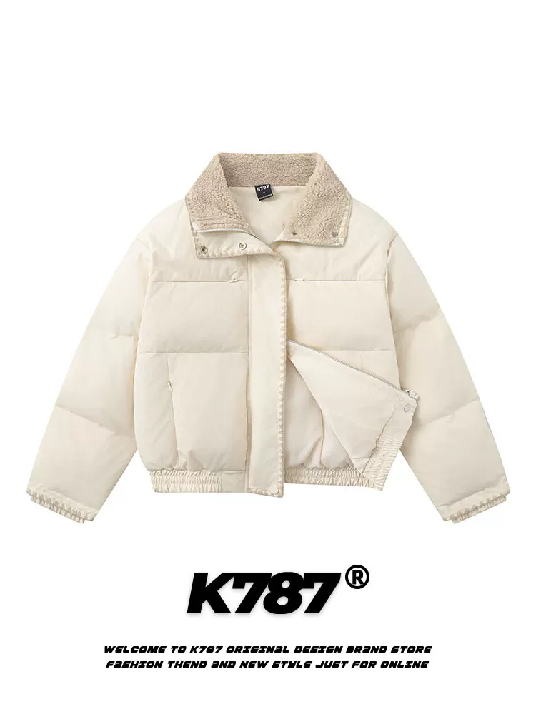 Áo khoác phao ngắn kiểu Mỹ cổ điển K787, chất liệu cotton dày dặn có cổ lông, dành cho nam và nữ, màu trơn đa năng, mùa đông 2024