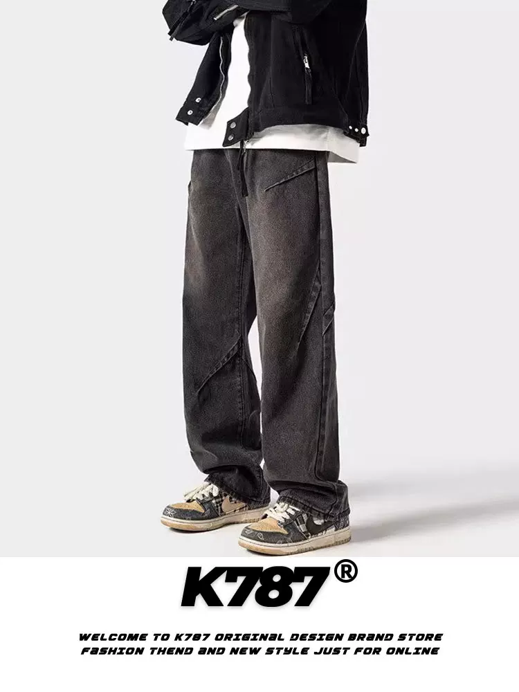 Quần jeans nam K787 kiểu Mỹ cổ điển, xước rách, phối vải, xếp ly, đa năng, cạp cao, dáng rộng, ống thẳng