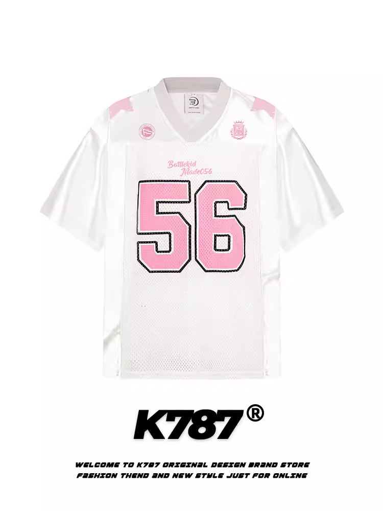 K787 Áo thể thao cổ chữ V cổ điển kiểu Mỹ nửa tay áo unisex blokecore đường phố dáng rộng đa năng Áo thun ngắn tay