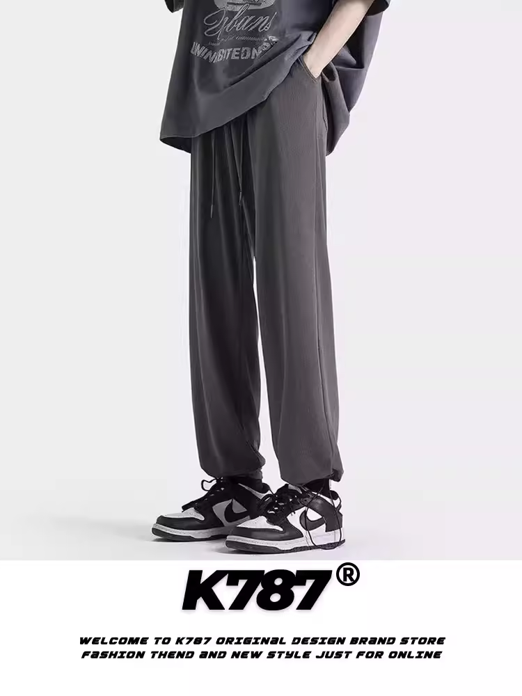 Quần âu nam K787 kiểu Mỹ cổ điển, phong cách Hồng Kông, chất liệu lụa đá mát mẻ, dáng thẳng, lưng cao có dây rút, chất liệu cotton nguyên chất, quần thể thao mùa hè 2025.