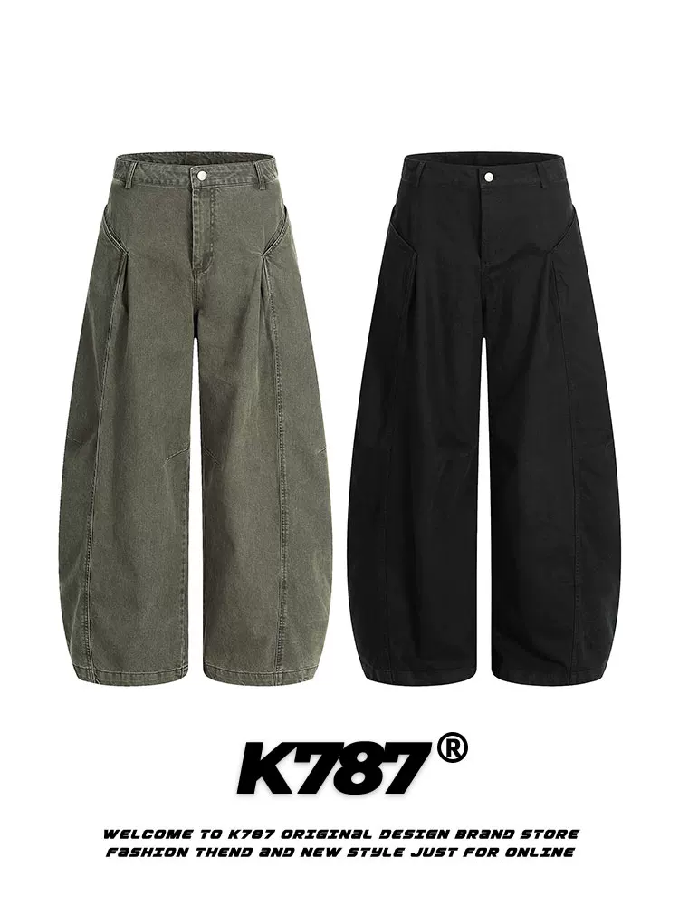 Quần jeans dáng scimitar xếp ly kiểu Mỹ cổ điển K787 dành cho nam và nữ, cạp cao, dáng rộng, thoải mái.