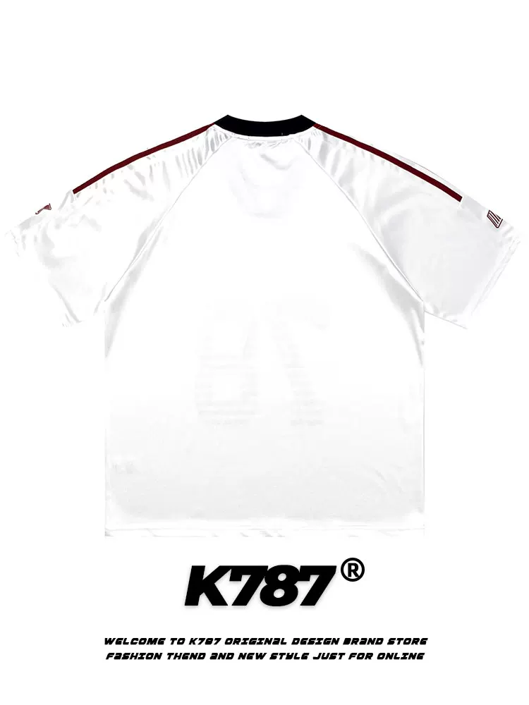 K787 Áo thể thao satin acetate cổ điển kiểu Mỹ nửa tay áo unisex blokecore sọc cổ chữ V ngắn tay áo thun