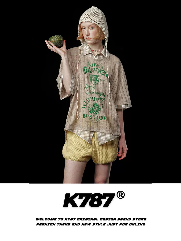 K787 Áo sơ mi POLO giả hai mảnh kiểu cổ điển kiểu Mỹ dành cho nam và nữ, áo thun ngắn tay in họa tiết phong cách đại học