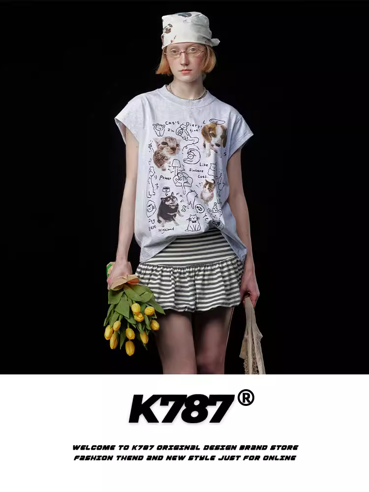 Áo thun ngắn tay không tay in hình chú chó cổ điển kiểu Mỹ K787 dành cho nam và nữ, áo ba lỗ thông thường đa năng dành cho cặp đôi trong mùa hè.