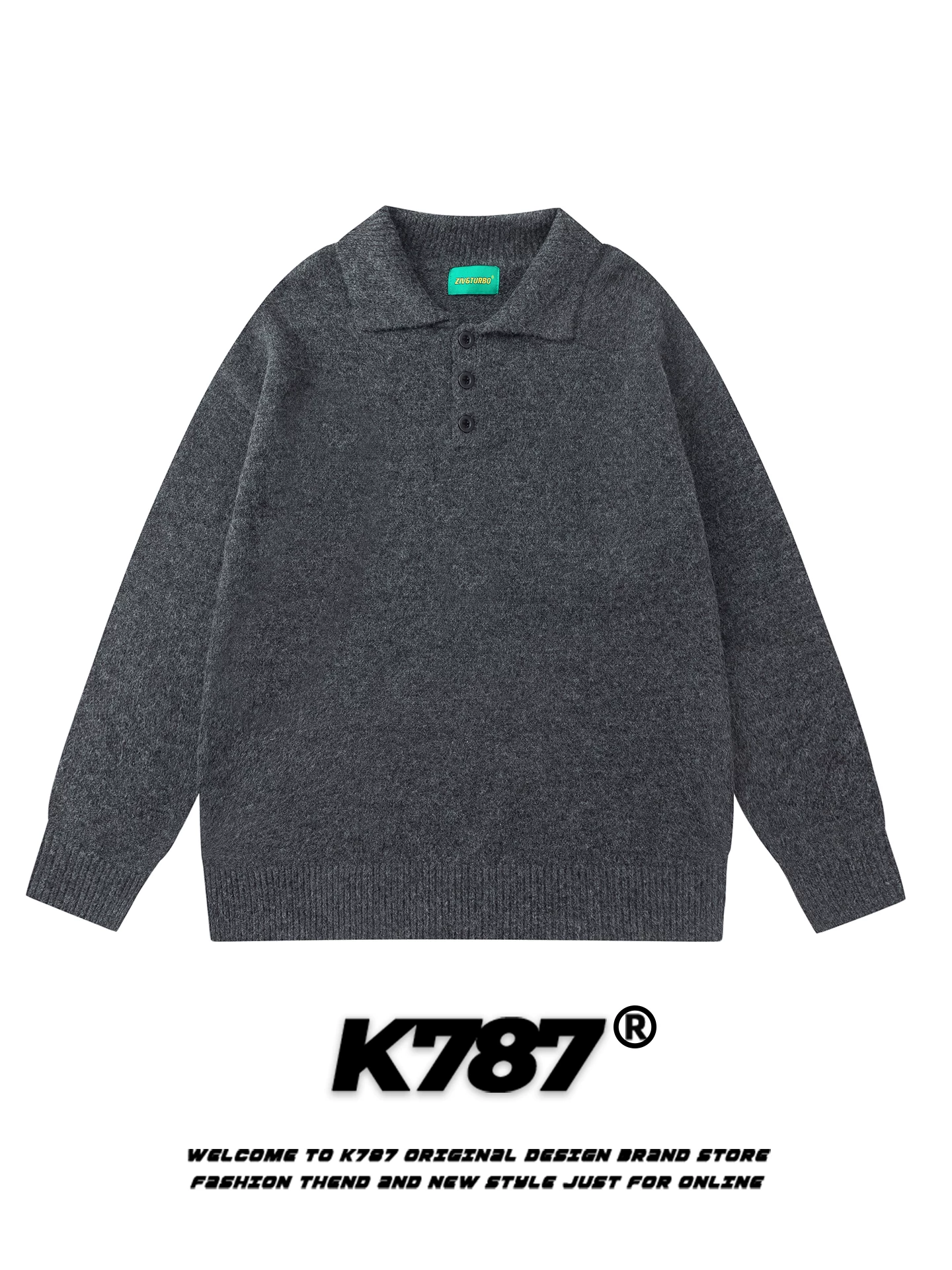 Áo len dệt kim cổ trụ màu trơn phong cách đường phố Mỹ K787, unisex, đa năng, dáng rộng, kiểu áo polo thời trang