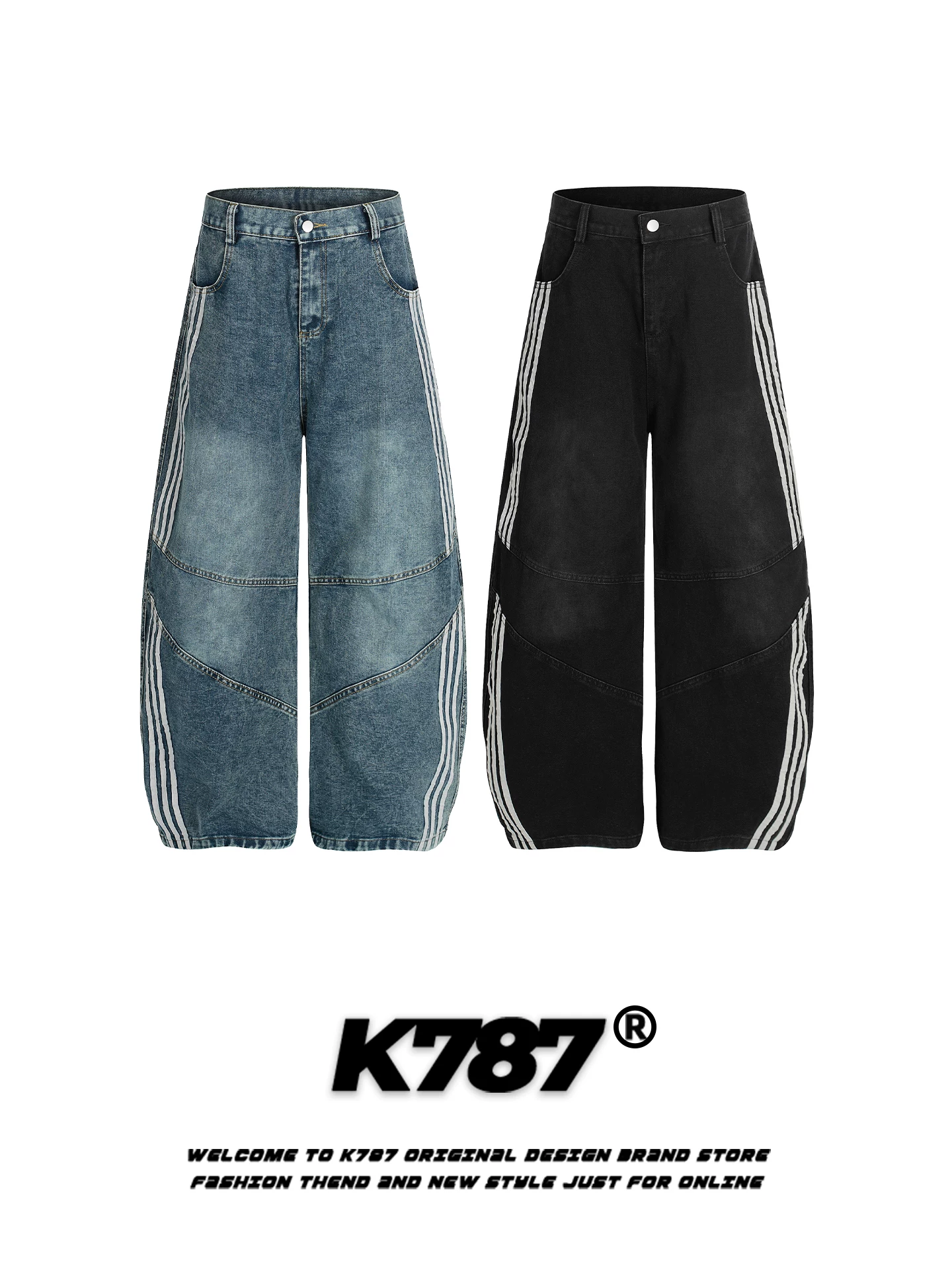 Quần jeans ống rộng kiểu đường phố Mỹ K787, chất liệu denim vintage đã qua xử lý, họa tiết sọc, dành cho nam và nữ, có dây đeo sọc, cạp cao, kiểu dáng casual.