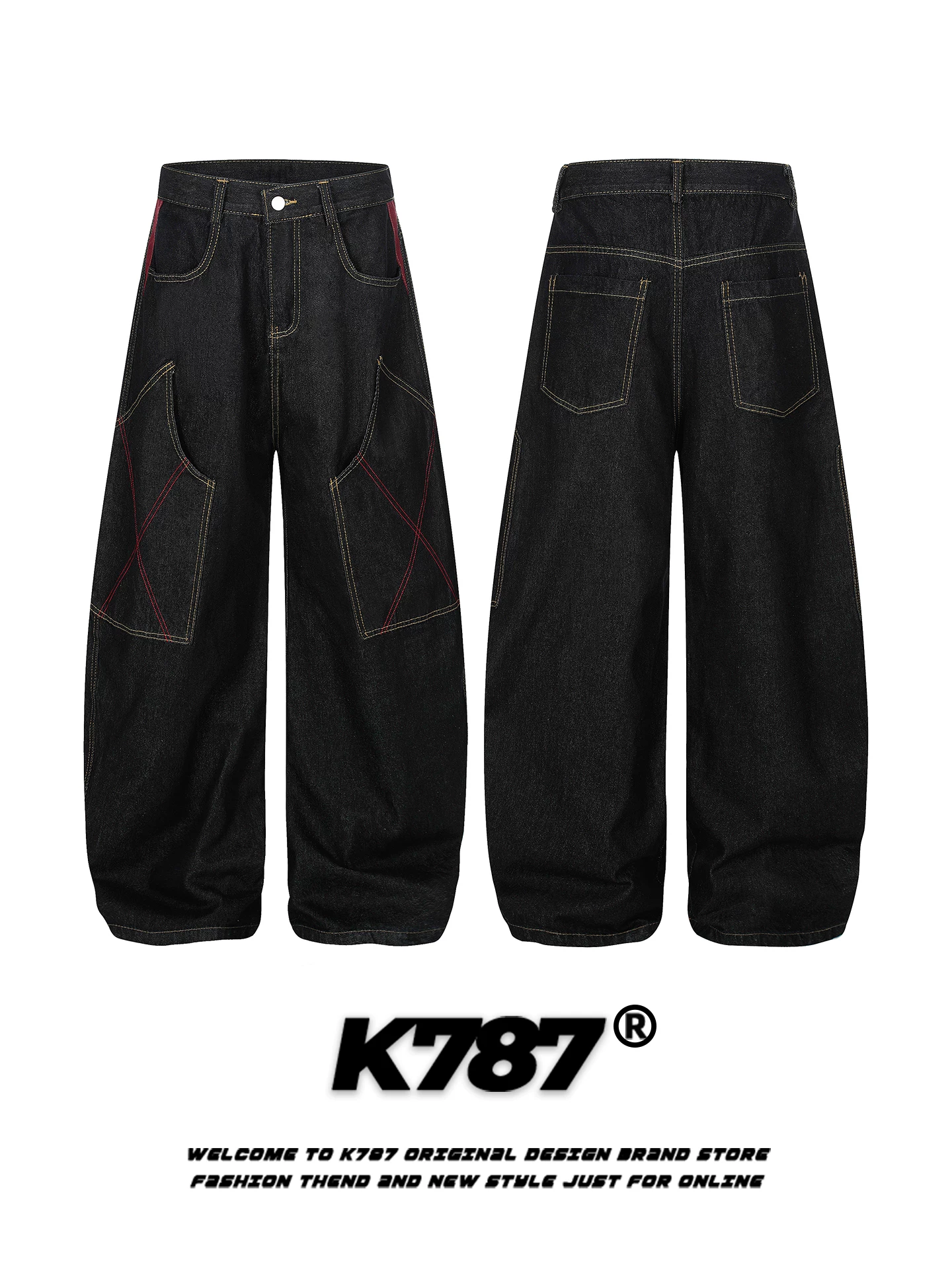 Quần jeans K787 kiểu Mỹ cổ điển, xước mài, dáng scimitar dành cho nam và nữ, nhiều túi, quần ống rộng lưng cao, phong cách thoải mái.
