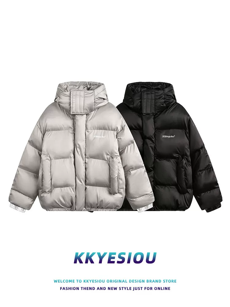 Áo khoác phao cổ đứng có mũ, kiểu Mỹ cổ điển, dày dặn, chất liệu cotton dành cho nam và nữ, mùa đông 2024, áo khoác đôi đi làm