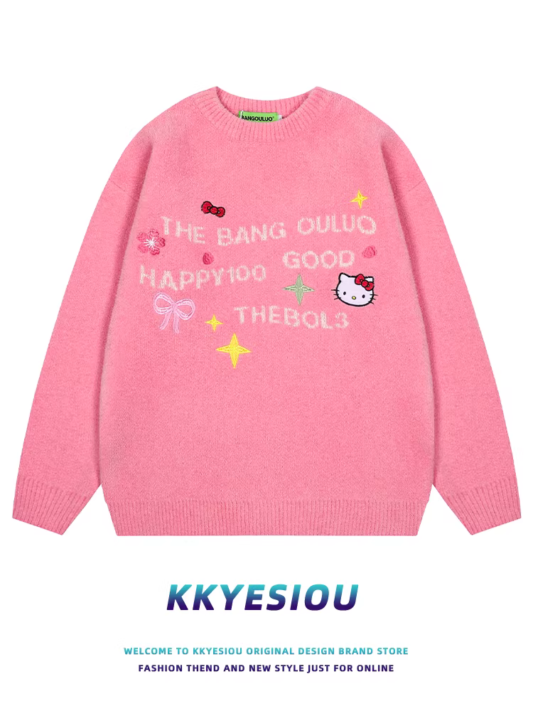 Áo len dệt kim màu hồng phong cách retro Mỹ, unisex, kiểu Nhật Bản, in hình Hello Kitty, phong cách dopamine.