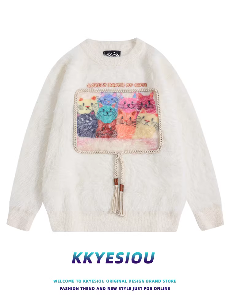 Áo len dệt kim phối màu kiểu Mỹ cổ điển K787 hình mèo hoạt hình, phối dây tết, dành cho nam và nữ, thu đông 2024, áo len đôi