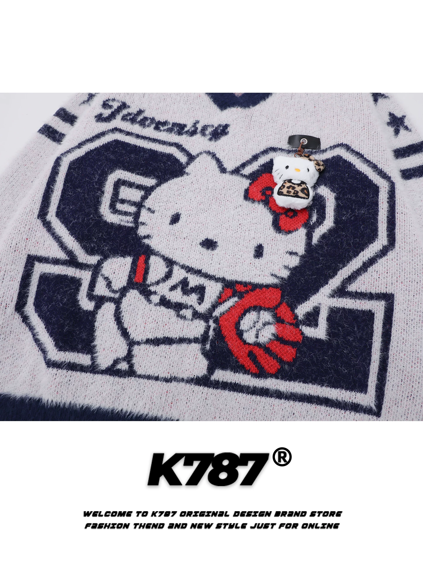Áo len dệt kim mèo Kitty phong cách thể thao cổ điển Mỹ K787, unisex, cổ V, dáng rộng, áo khoác cặp đôi thời trang đường phố