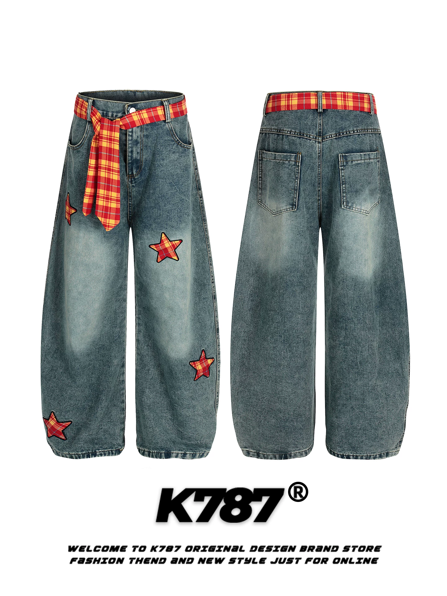 Quần jeans unisex dáng rộng thùng thình phong cách hip-hop cao cấp, họa tiết kẻ caro phối vải thêu, kiểu dáng sao Mỹ K787