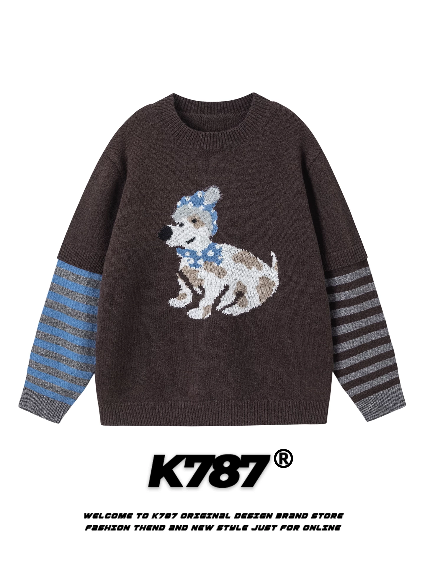 Áo len dệt kim giả hai mảnh kiểu Mỹ cổ điển K787, họa tiết chó, unisex, sọc, dáng rộng, đa năng, phong cách thường ngày