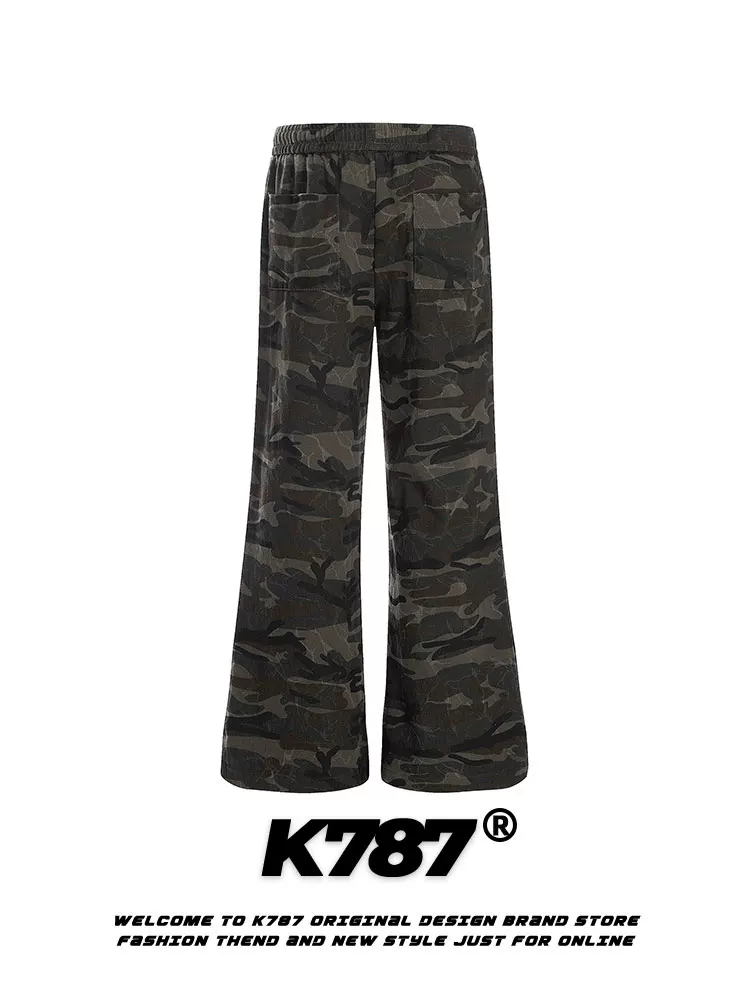 Quần kaki dáng rộng phong cách retro Mỹ K787, họa tiết rằn ri, unisex, đa năng, phong cách đường phố, hip-hop, cạp cao, dáng thẳng
