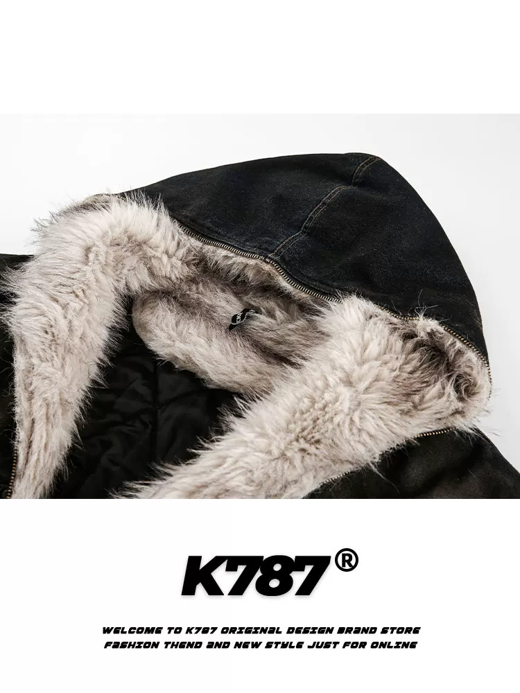 Áo khoác denim có mũ trùm đầu, cổ lông dày kiểu Trung Quốc K787 dành cho nam và nữ, đã qua xử lý làm mềm và tạo hiệu ứng cũ kỹ, áo khoác cotton có mũ dành cho cặp đôi mùa đông.