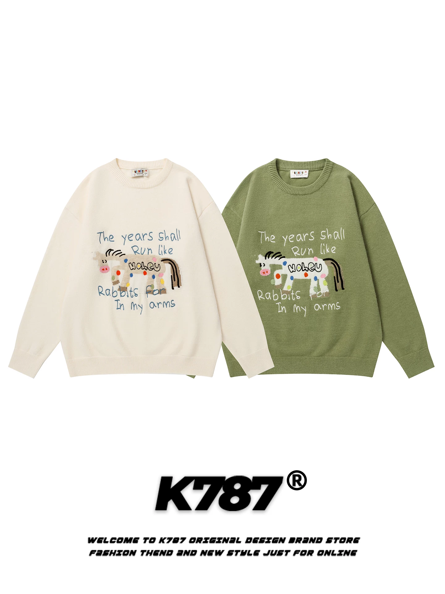 K787 Áo len jacquard hoạt hình cổ điển kiểu Mỹ dành cho nam và nữ, phong cách đại học lười biếng, trang phục dệt kim thông thường dành cho cặp đôi