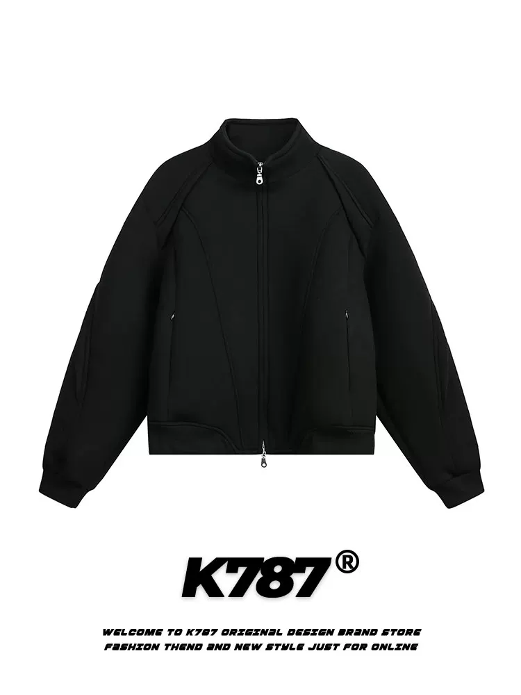 Áo khoác cổ đứng kiểu Mỹ cổ điển K787, phối vải ghép, unisex, dáng ôm gọn, màu trơn, rộng rãi, đa năng, áo khoác ngắn