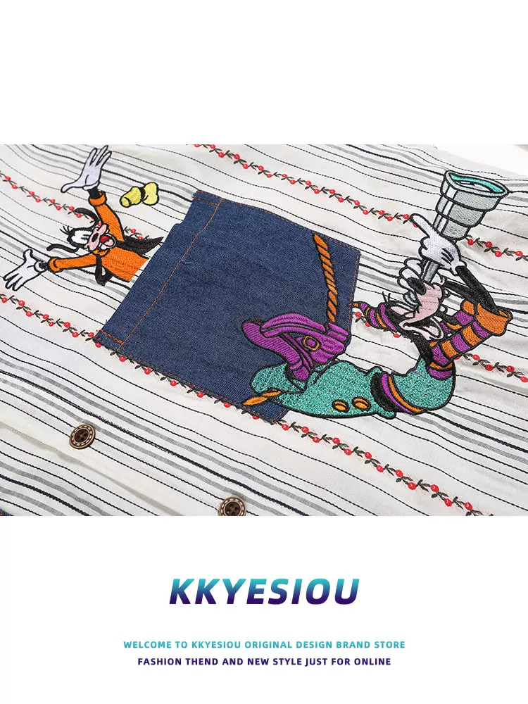 Áo sơ mi dài tay thêu sọc phong cách retro Mỹ KKyesiou dành cho nam và nữ, phong cách cổ điển, kiểu preppy, áo đôi