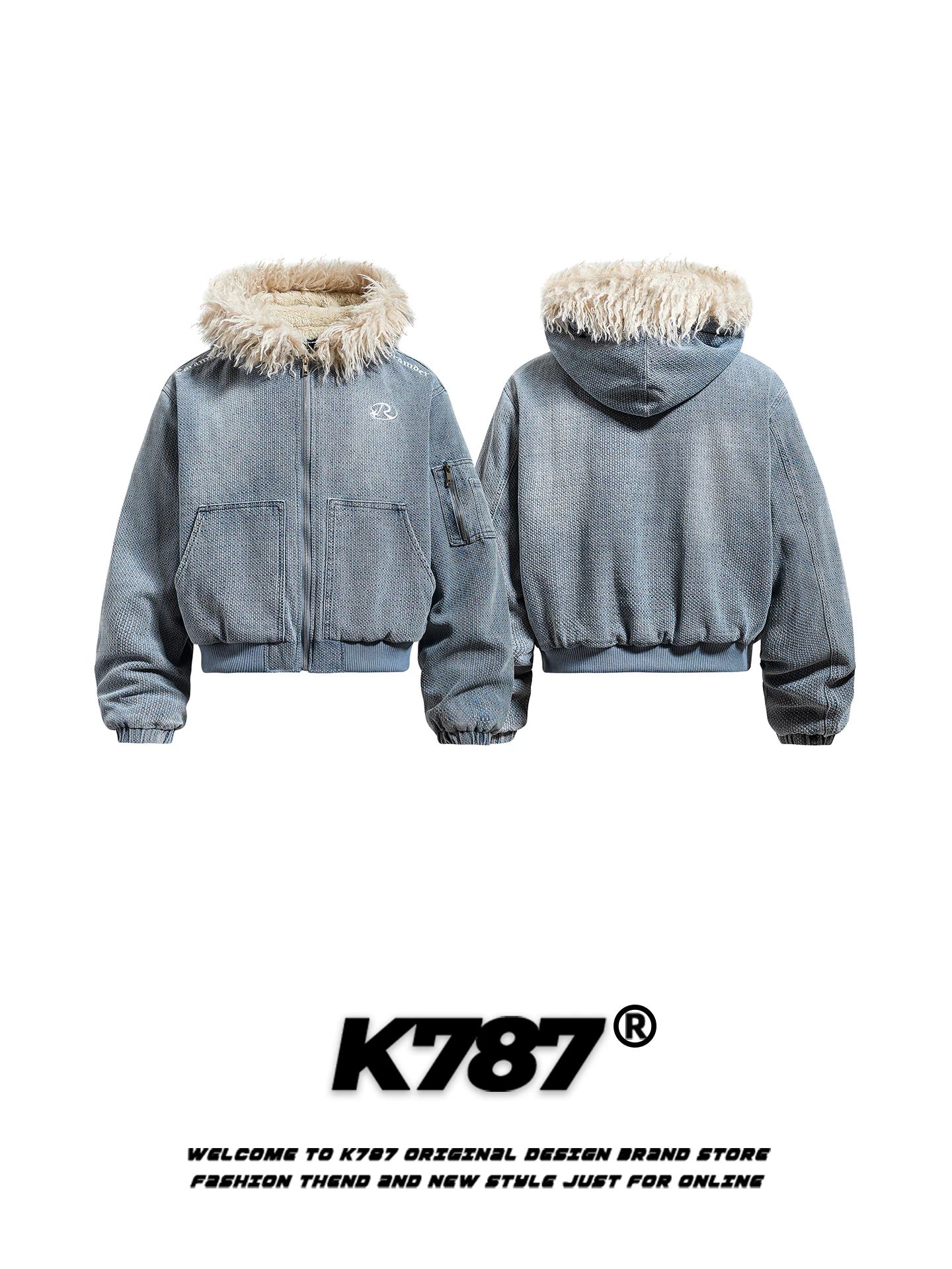 Áo khoác denim cotton có mũ trùm đầu, cổ lông thú, kiểu dáng thời trang Mỹ K787 dành cho nam và nữ, phong cách đường phố retro ấm áp, dày dặn, áo khoác đôi.