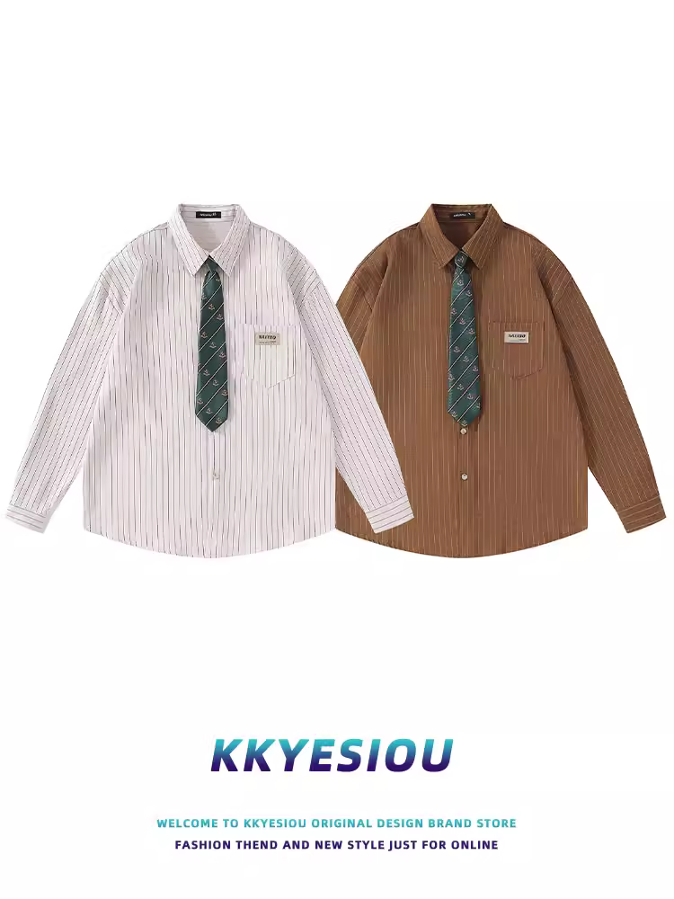 Áo sơ mi dài tay kiểu dáng cổ điển Mỹ, sọc, phong cách đại học, dành cho nam và nữ, thiết kế oversize, áo khoác đôi.