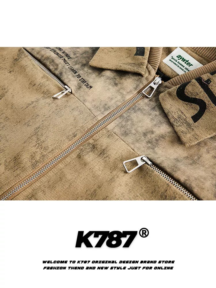 K787 Áo khoác bảo hộ lao động phong cách cổ điển Mỹ được sơn phun kiểu cổ điển dành cho nam và nữ, thương hiệu thời trang đường phố cao cấp, áo khoác thêu có ve áo dành cho cặp đôi.