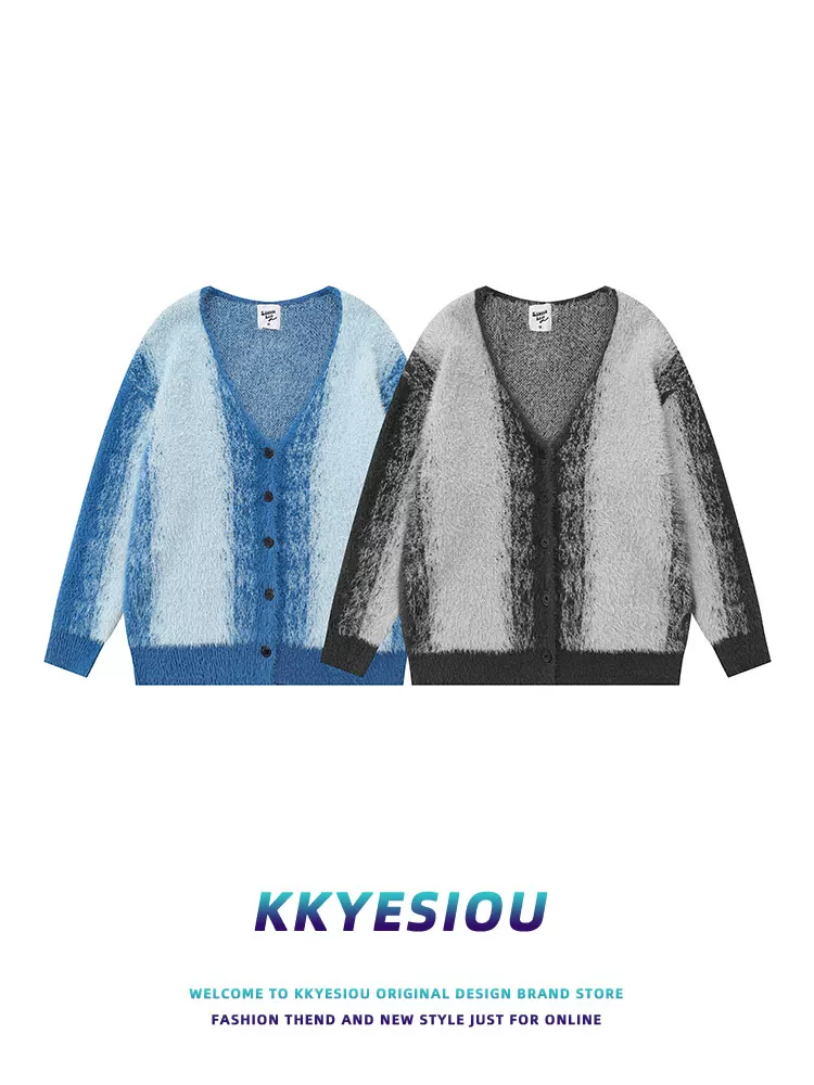 Áo len dáng rộng cổ V phong cách retro Mỹ, chất liệu lông cá ngựa, kiểu dáng thoải mái, unisex, thiết kế thời trang.