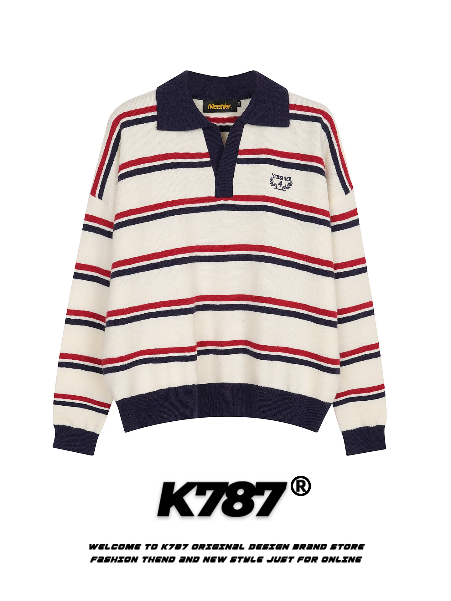 Áo len cổ polo phối màu sọc phong cách đường phố Mỹ K787, unisex, dáng rộng, phong cách thường ngày, xu hướng quốc dân, áo len cặp đôi