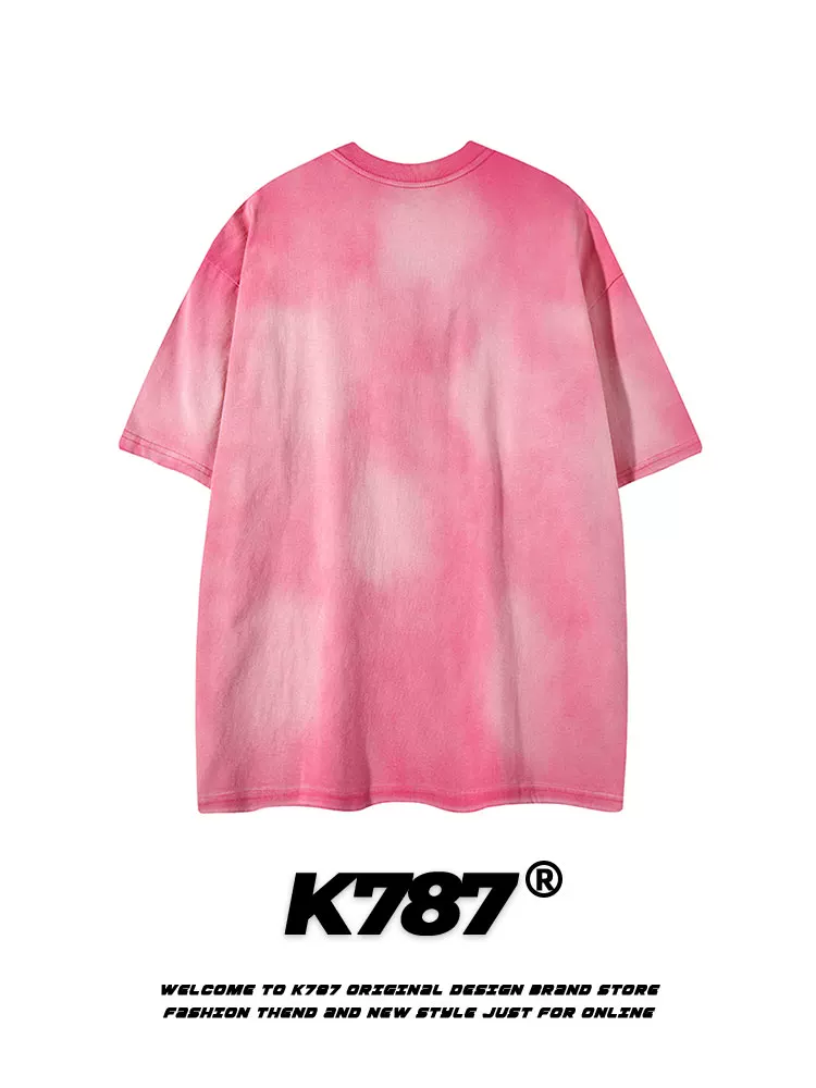 K787 Áo thun ngắn tay cotton nguyên chất phong cách retro tie-dye hip-hop dành cho nam và nữ, vòng cổ hip-hop, áo đôi dáng rộng chắp vá.