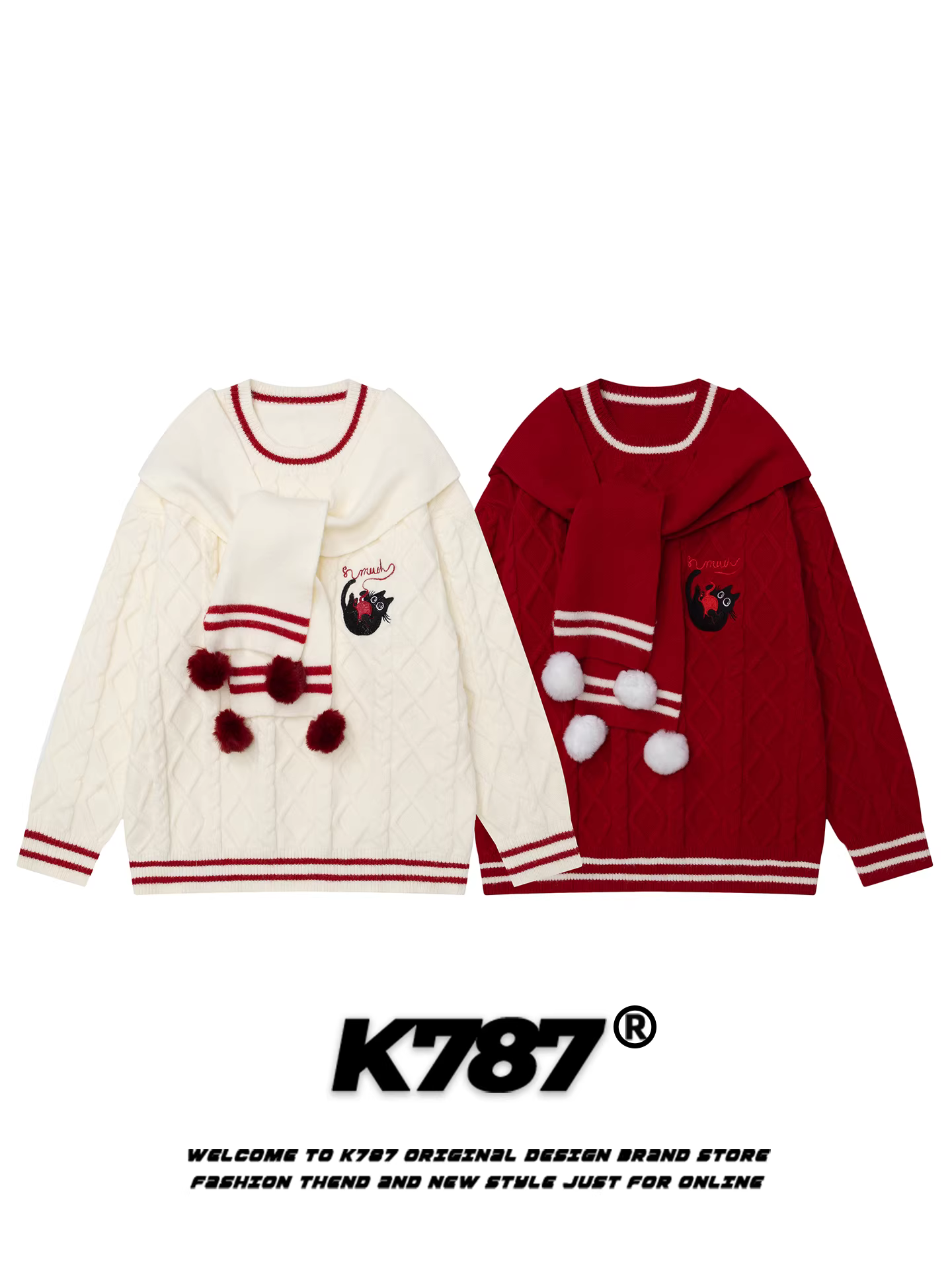 Khăn choàng cổ tròn dệt kim kiểu Mỹ K787, unisex, thêu hình mèo, phong cách preppy, dáng rộng, áo len cặp đôi