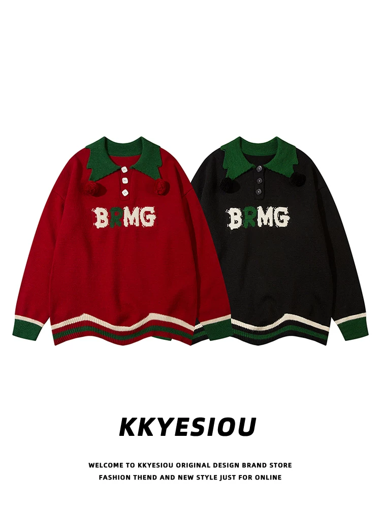 Áo len dệt kim màu đỏ phong cách retro Mỹ KKyesiou dành cho nam và nữ, phối màu tương phản Giáng sinh, kèm quả cầu lông, áo len đôi dành cho cặp đôi/bạn trai bạn gái