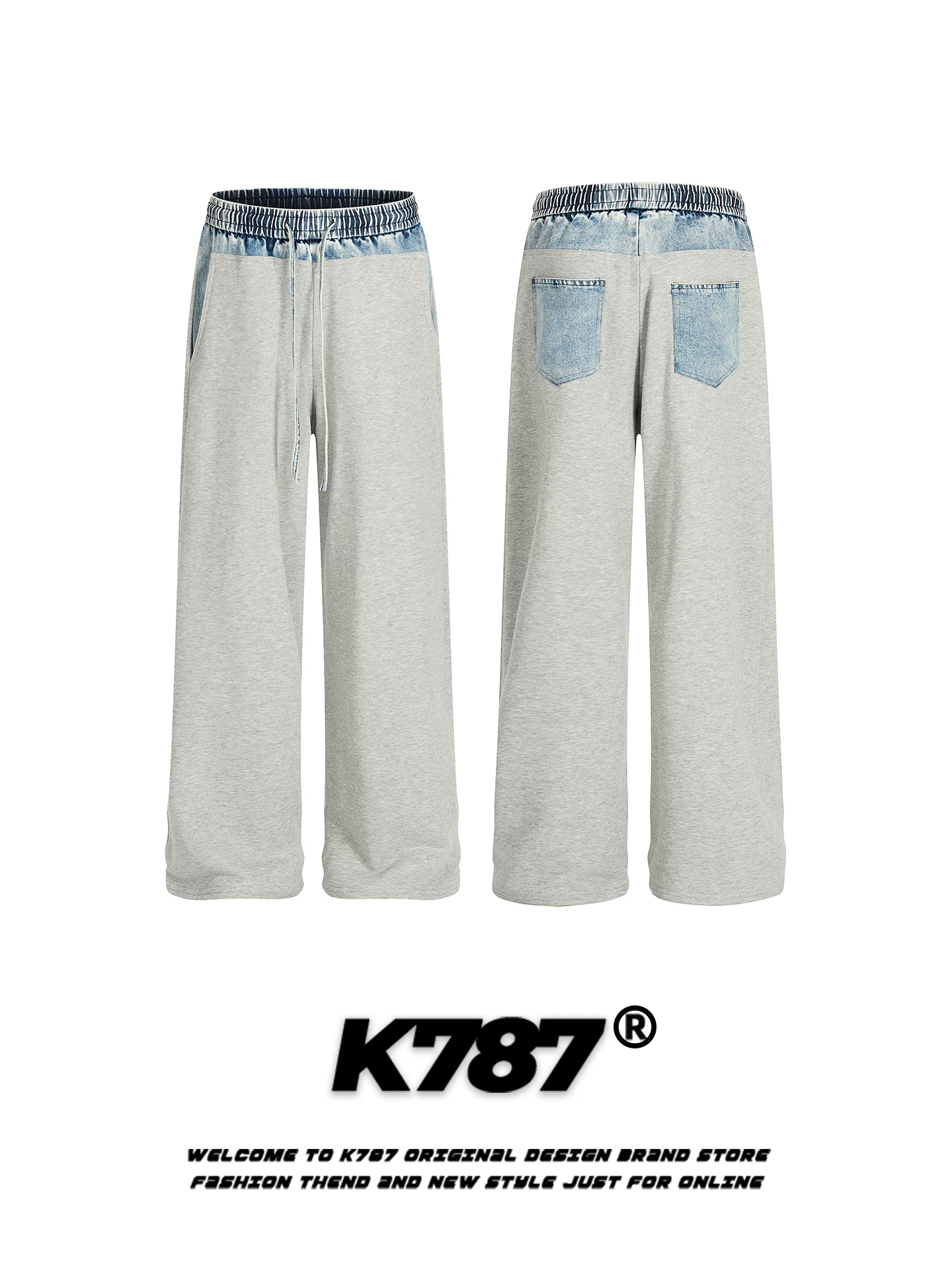 Quần jeans phối màu phong cách đường phố Mỹ K787, kiểu dáng unisex, rộng rãi, xu hướng thời trang, cạp cao, ống thẳng, dáng rộng