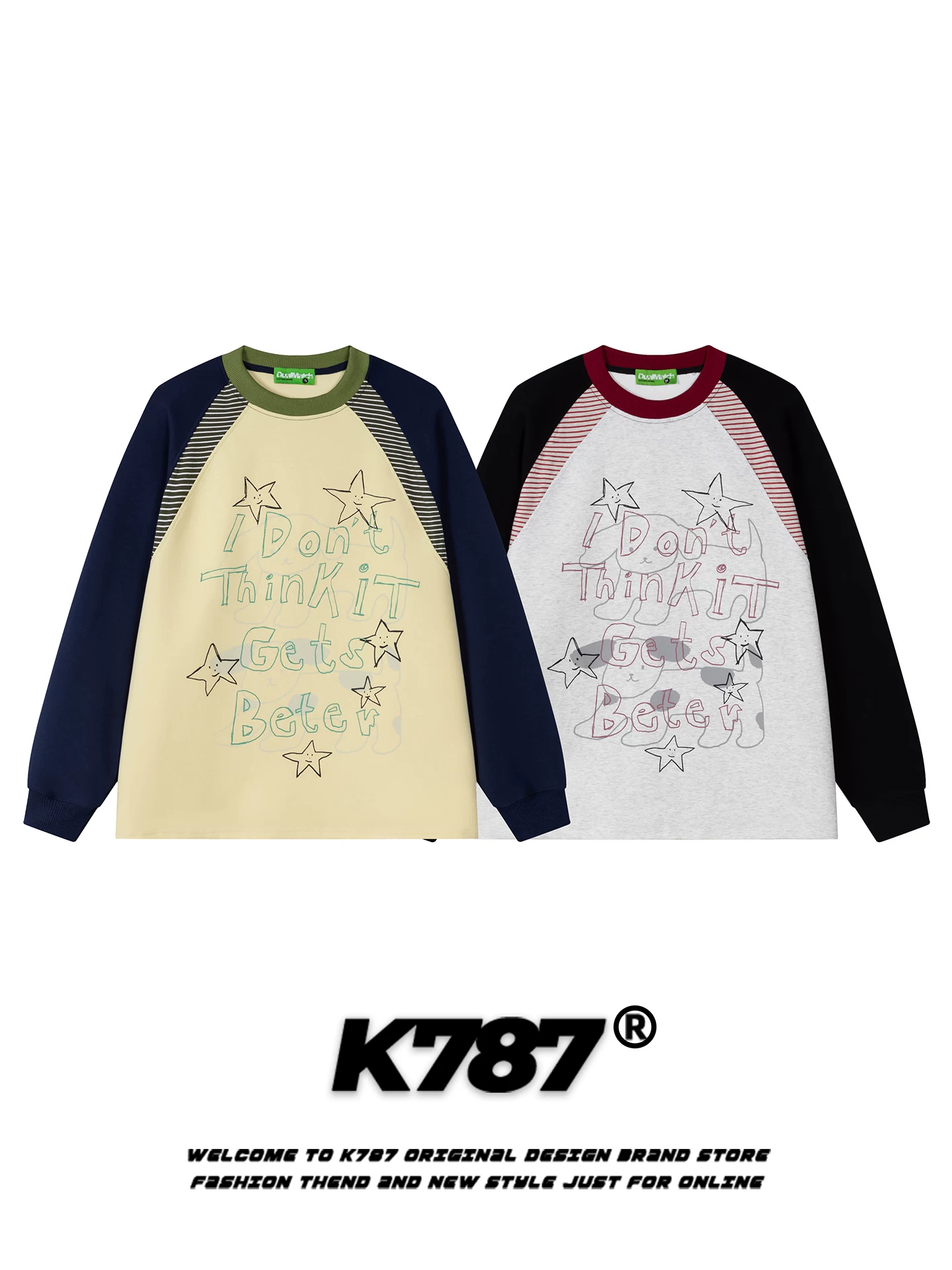 Áo thun dài tay raglan họa tiết chó hoạt hình cổ điển Mỹ K787 dành cho nam và nữ, áo kiểu dáng rộng rãi, xu hướng quốc gia, phong cách lười biếng cho mùa thu.