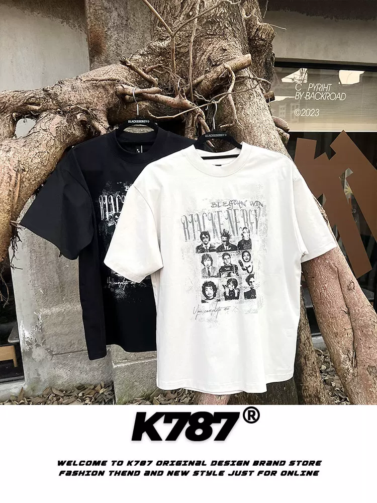 K787 Áo thun ngắn tay cotton dày dặn phong cách hip-hop cổ điển của Mỹ dành cho nam và nữ, áo thun ngắn tay cỡ lớn dành cho cặp đôi.