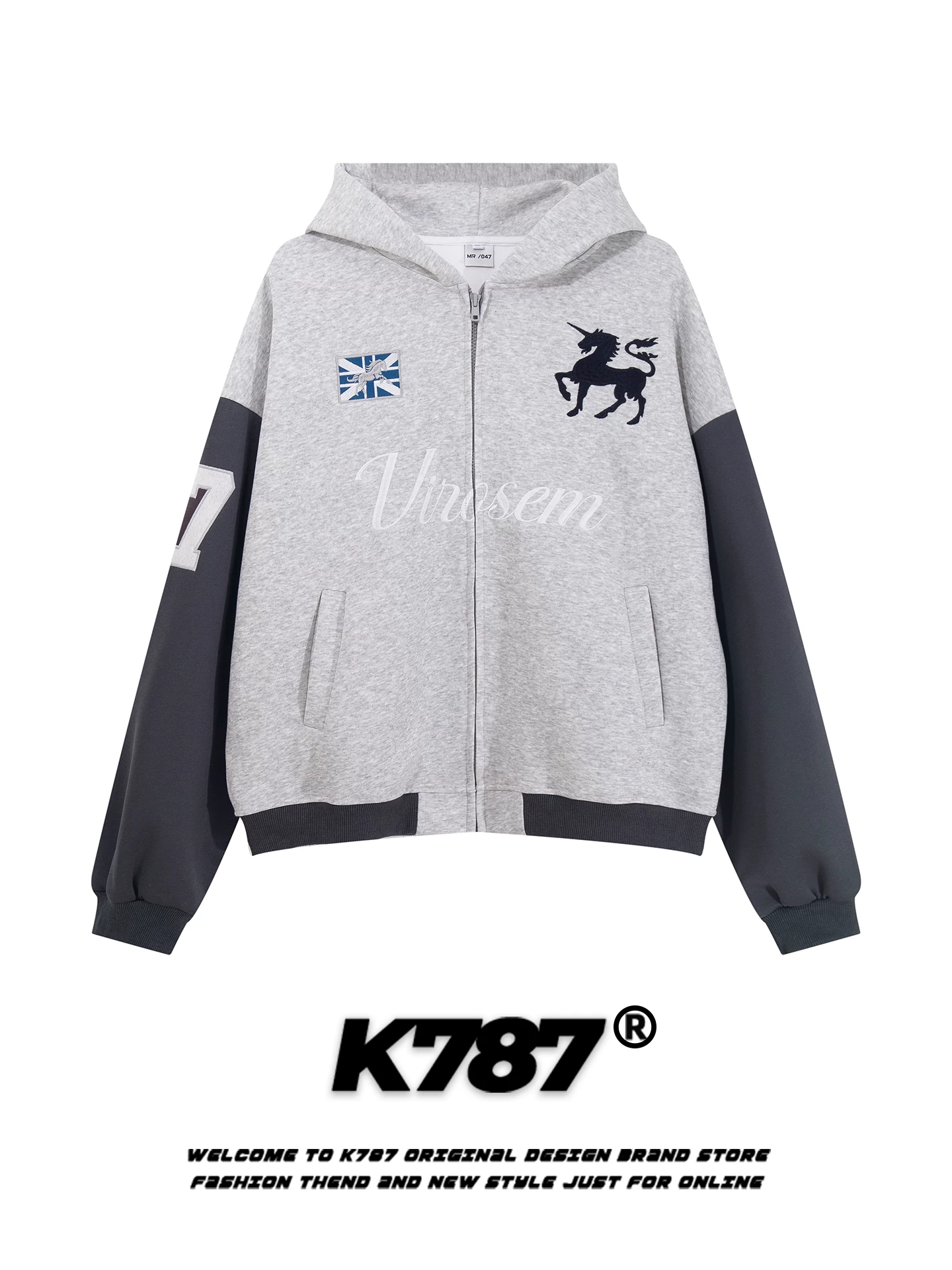 Áo hoodie thêu chữ phong cách đường phố Mỹ K787 dành cho nam và nữ, áo khoác hoodie ngắn phối màu, dáng rộng, phong cách thường ngày