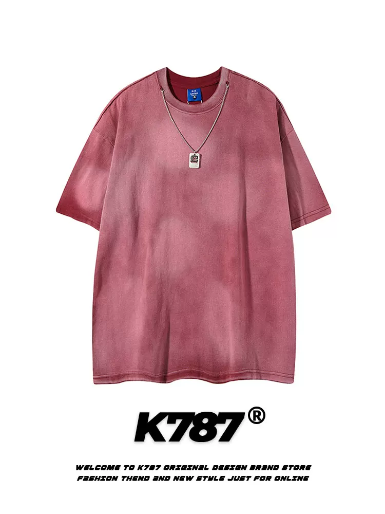 K787 Áo thun ngắn tay cotton nguyên chất phong cách retro tie-dye hip-hop dành cho nam và nữ, vòng cổ hip-hop, áo đôi dáng rộng chắp vá.