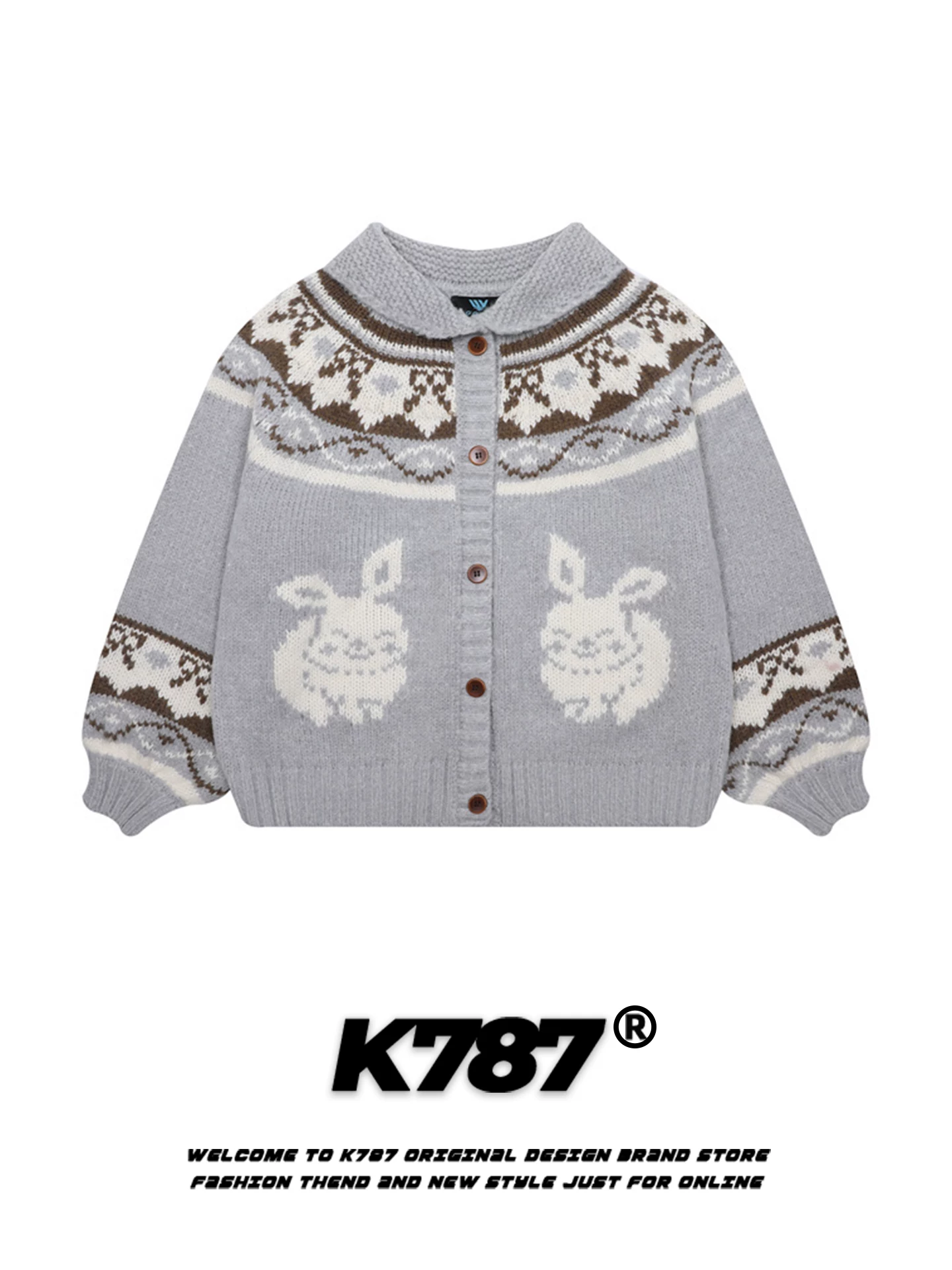Áo len cardigan dệt kim kiểu Mỹ cổ điển K787 họa tiết thỏ Fair Isle dành cho nữ, dáng rộng, mùa thu đông, phong cách nhẹ nhàng, áo khoác ngắn dệt kim.